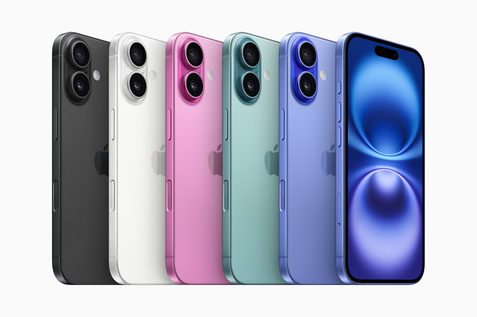iPhone 16 em preto, branco, rosa, verde-acinzentado e ultramarino
