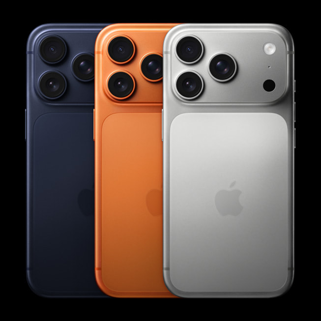 Linha iPhone 17 Pro nas cores azul, laranja e prateado